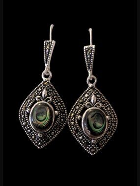Vintage Marsala Abalone Shell Marcasite Stone Silver Tone 1.56" Hook Earrings